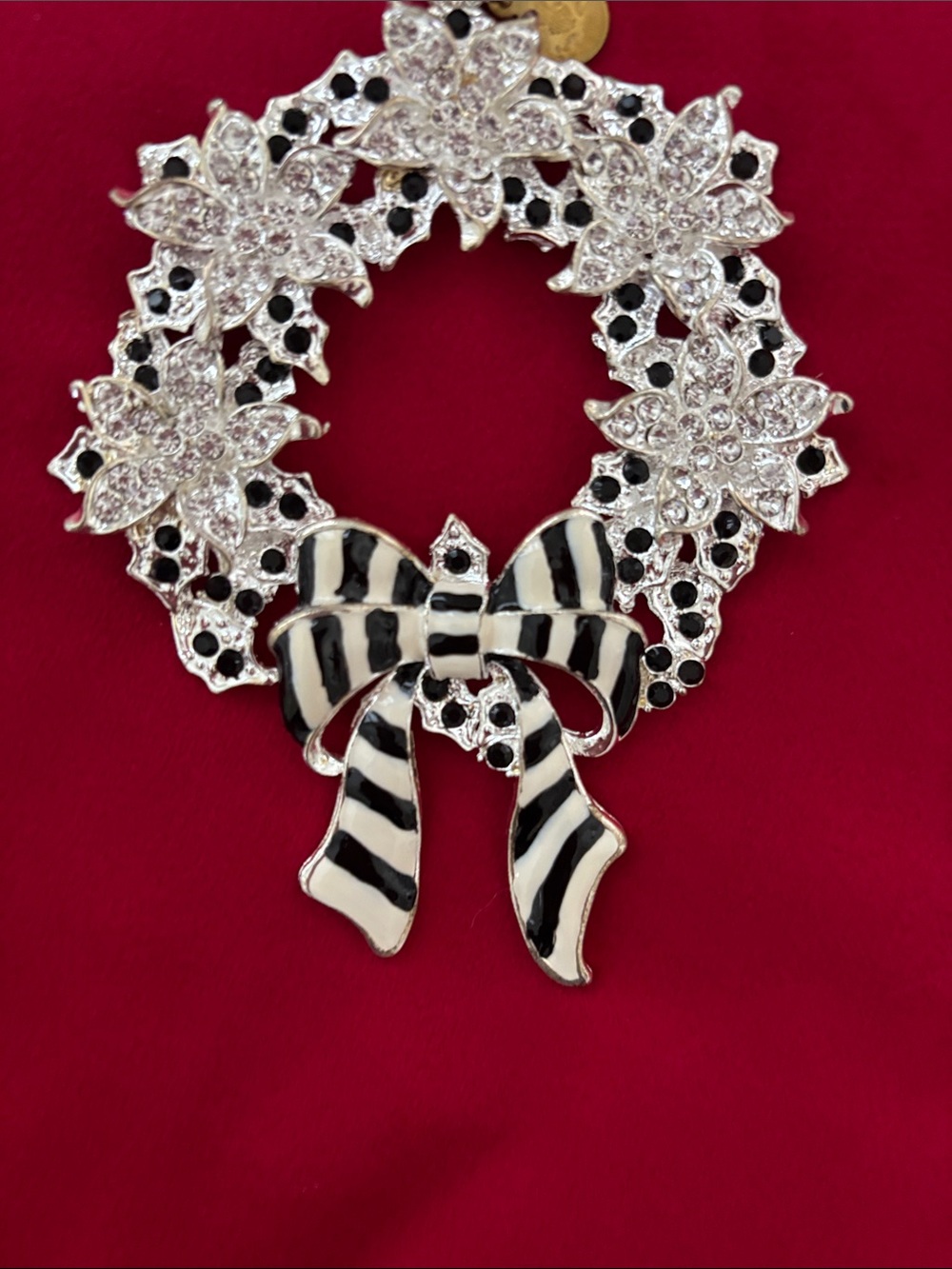 Mackenzie-Childs Black Silver & White Crystal Wreath Ornament with Striped Bow